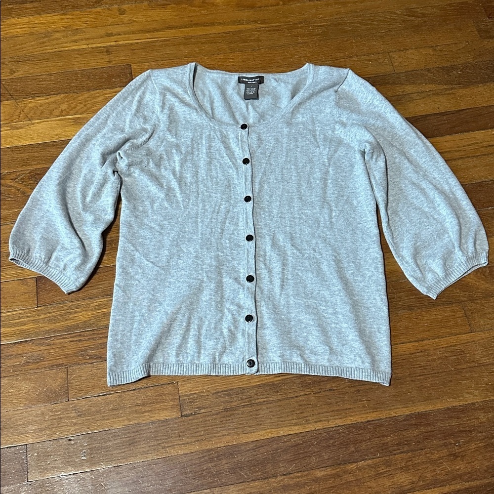 Linda Matthew’s Gray Button-Up Cardigan, 3/4 Sleeves, Sz Large